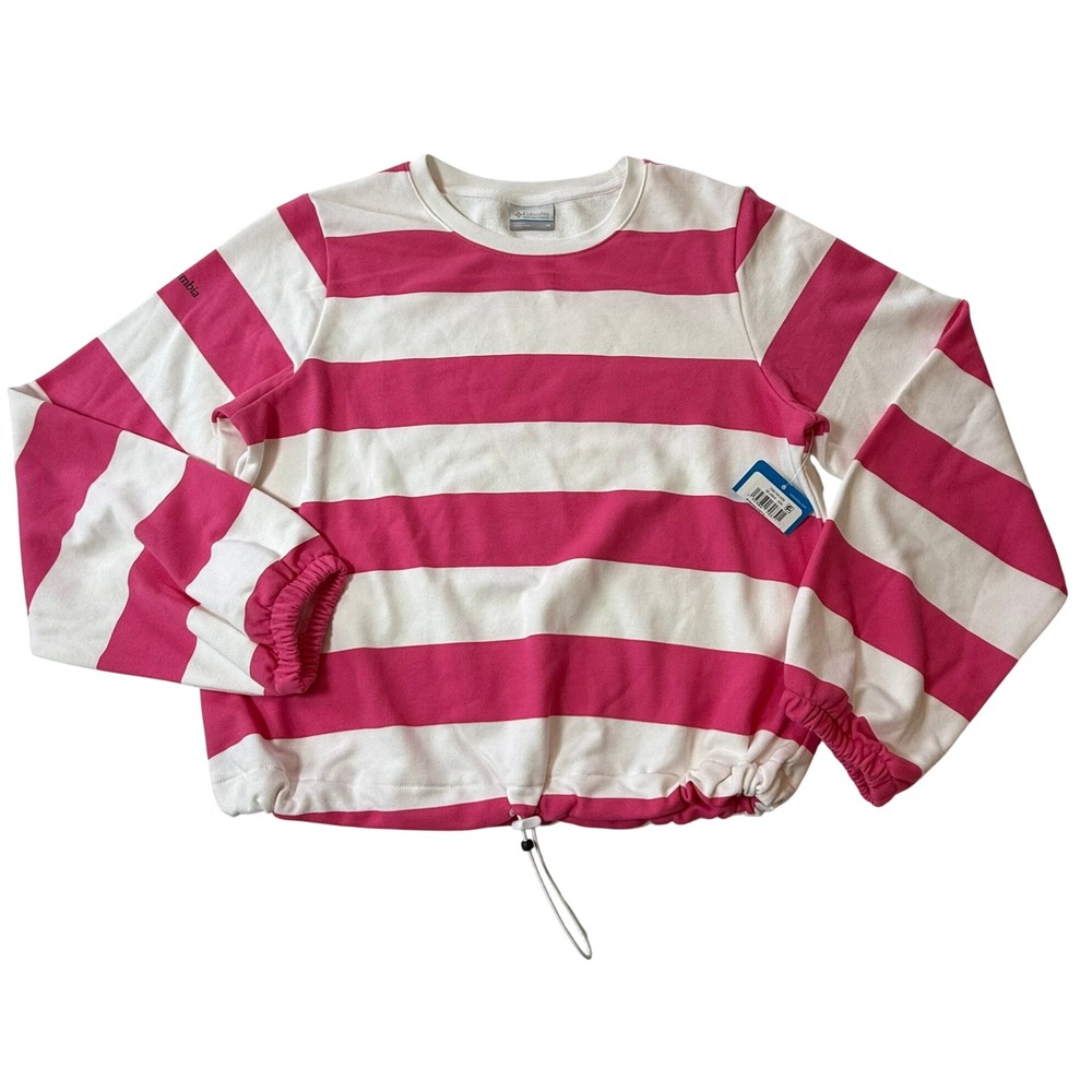 Columbia Hawkins Cliff Striped Sweatshirt Womens Medium Pink White XL4884 NEW - Picture 2 of 9